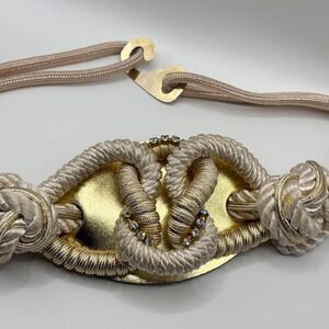 Vintage 80s Ivory Rope Knot Belt Gold Metallic Rhinestone Statement Hook Closure